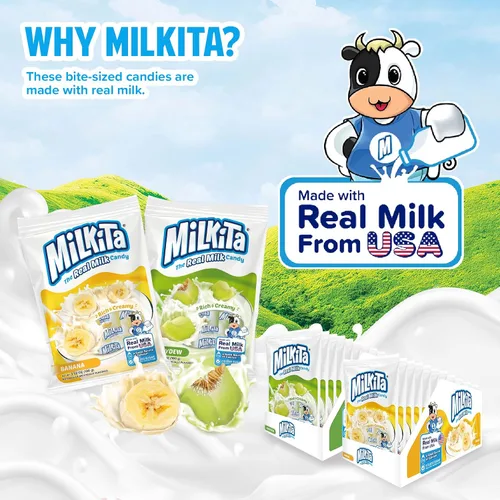 Vista 3 de Milkita Caramelo cremoso de leche de plátano y melaza – Dulces saludables bajos en azúcar con leche real para niños y adultos – Caramelos sin grasa