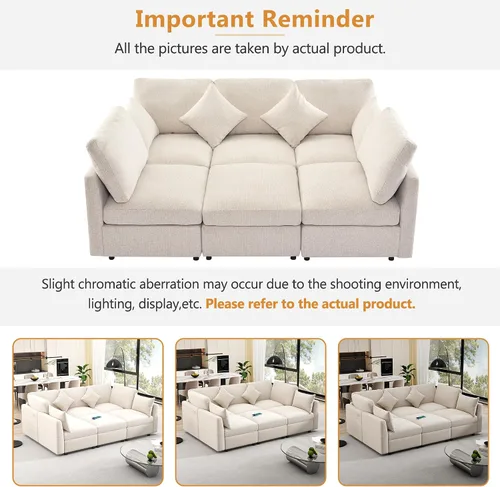 Vista 7 de Sofá modular en forma de U de 86.6 pulgadas, sofá cama en forma de L con una otomana móvil y dos puertos USB para sala de estar (beige)