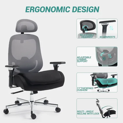 Vista 8 de Silla de oficina ejecutiva grande y alta, silla de escritorio ergonómica de malla cómoda con brazos 4D y asiento extra ancho, reposacabezas