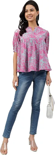 Vista 3 de Janasya Indian Georgette - Camiseta acampanada con estampado digital rosa para mujer