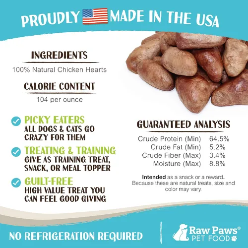 Vista 4 de Raw Paws Corazones de pollo liofilizados enteros para perros y gatos, 4 onzas enteras - Hecho en Estados Unidos - Golosinas de pollo liofilizadas