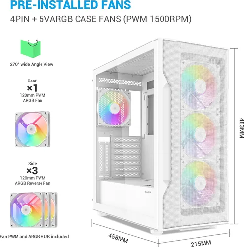 Vista 3 de SAMA S40 Chasis para PC semitorre ATX – Diseño de malla de alto flujo de aire, 4x120mm ARGB PWM Ventiladores, Panel de vidrio templado, USB-C