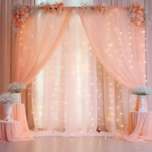 Vista 47 de Cortina de telón de fondo de tul negro de 10 x 10 pies con cadena de luces para fiestas, cortinas de fondo de fotos transparentes para bodas