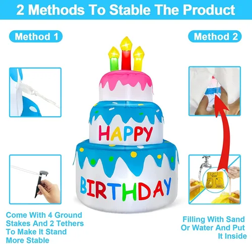 Vista 5 de Decoraciones inflables de pastel de cumpleaños feliz de 4 pies para exteriores con luces, decoración hinchable de fiesta de cumpleaños de días