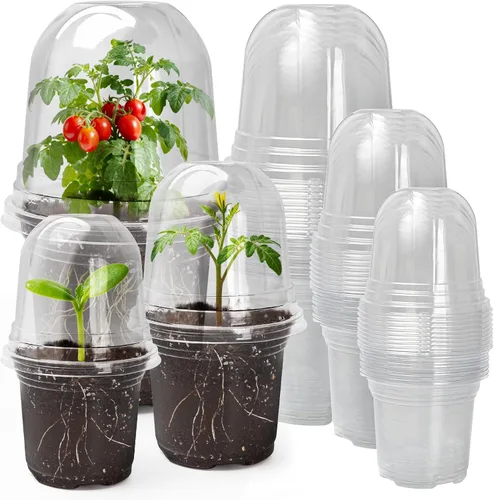 Vista 8 de MIXC Macetas para vivero con cúpula de humedad, maceta de plástico transparente suave de 4 pulgadas, macetas para plantar, macetas pequeñas bandejas