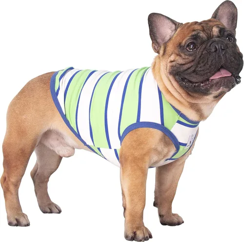 Vista 57 de iChoue - Camisetas de rayas de algodón 100% transpirable para Bulldog francés, chaleco de Halloween para perros medianos, camisetas Frenchie Pug