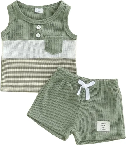 Vista 34 de Ropa de bebé niño sin mangas + pantalones cortos con estampado a rayas con bolsillos, 2 piezas de trajes de verano