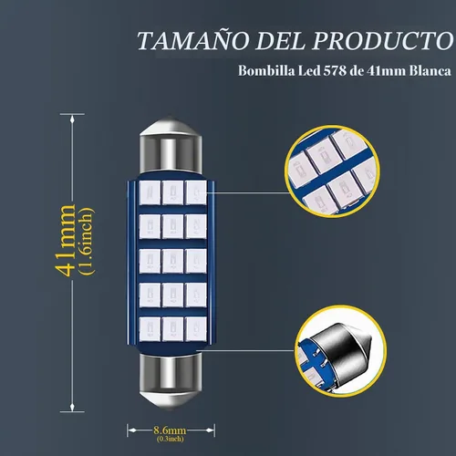Vista 2 de Pack-2 focos LED extremadamente brillantes 578, 400 lm, 6500 K, chipsets 2835, 41 mm 42 mm (azul) para luces LED interiores de cúpula, mapa, puerta