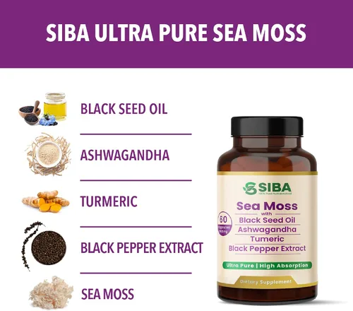 Vista 4 de SIBA Mezcla de musgo marino ultra puro, cápsulas veganas con musgo marino, aceite de semilla negra, Ashwagandha, cúrcuma y pimienta negra, apoya