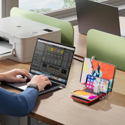 Vista 8 de Estación de carga para múltiples dispositivos, estación de carga de 4 puertos de 85 W con potentes puertos USB C PD de 18 W, cargador inalámbrico QI