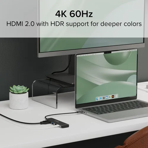 Vista 3 de Plugable Adaptador multipuerto USB C, 4 en 1, carga de paso de 100 W, USB C a HDMI 4K 60Hz, Hub de puerto múltiple USB para Windows, Mac, iPad Pro