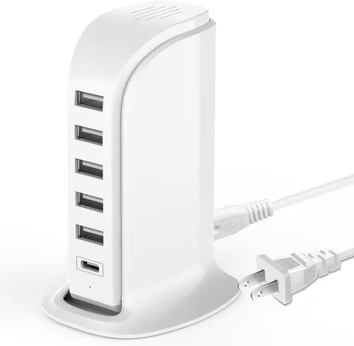 Vista 7 de Estación de carga USB para múltiples dispositivos, torre de carga multipuerto, puerto USB-C compatible con carga rápida PD compatible con iPhone