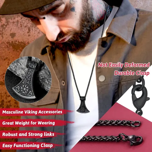 Vista 3 de FaithHeart Collar con colgante de hacha vikinga para hombres y mujeres, joyería vikinga nórdica de acero inoxidable con delicado embalaje de regalo
