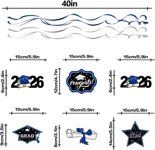 Vista 3 de LINGTEER Congrats Grad, Class of 2026 Swirls Streamers – 12 piezas para la escuela/hogar 2026 decoración de graduación espirales de graduación – Azul