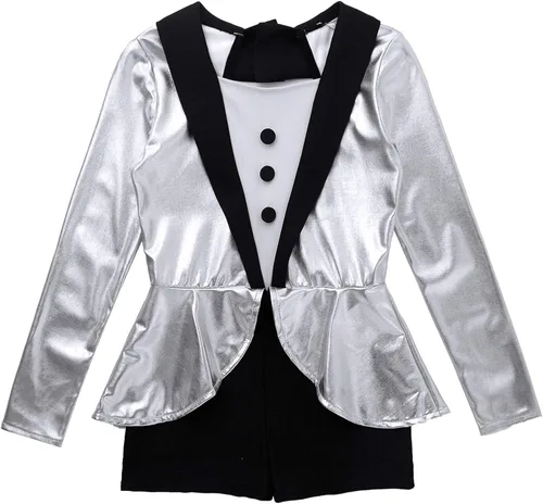 Vista 4 de Disfraz de esmoquin para niños y niñas, estilo jazz tap moderno para danza, disfraz de Halloween plateado