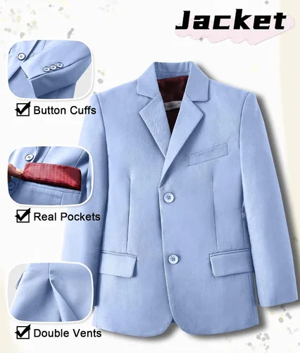 Vista 3 de Trajes para niños, traje de portador de anillos, chaleco formal y pantalones para niño, conjunto de trajes de boda Azul bebé
