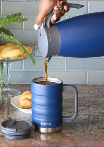 Vista 3 de MIRA Taza de café aislada de 14 onzas con asa, termo de acero inoxidable con tapa segura, taza para bebidas calientes y frías, azul almirante