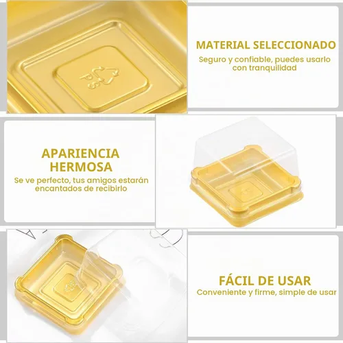 Vista 6 de UPKOCH 50 cajas cuadradas de plástico para pastel de luna, embalaje de postre dorado, recipiente para magdalenas individuales, pequeñas