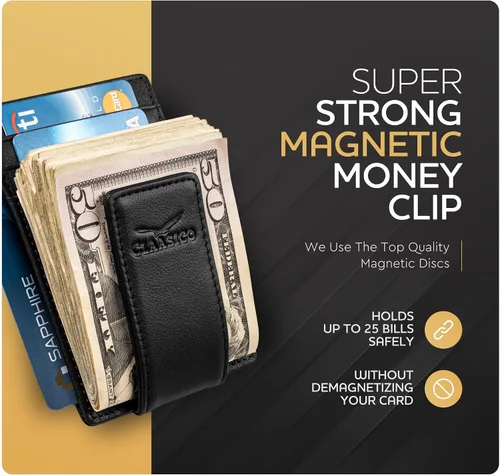 Vista 73 de Billetera de cuero con clip para dinero, bolsillo frontal delgado, bloqueo RFID con imán súper fuerte