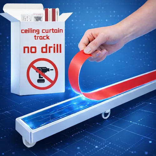Vista 7 de Riel de cortina de techo autoadhesivo (4.72 pies, 4.7 ft, blanco) para montaje en pared suave, sin tornillos, cortinas adhesivas