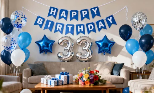 Vista 11 de Decoración de fiesta de cumpleaños número 30 para hombres, pancarta de feliz cumpleaños, color azul, plateado, número 30, globos de papel