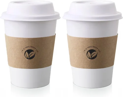Vista 9 de KTOB [paquete de 50] Tazas de café compostables de 12 onzas con tapas y mangas kraft, combo de tazas de papel blanco desechables ecológicas