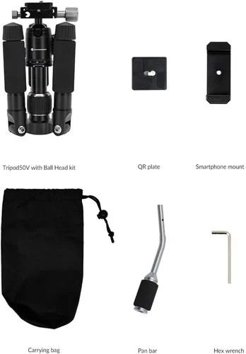Vista 4 de Trípode de 50 V de perfil bajo para cámara y iPhone, trípode compacto de mesa y viaje con mango de aluminio, compatible con teléfonos inteligentes