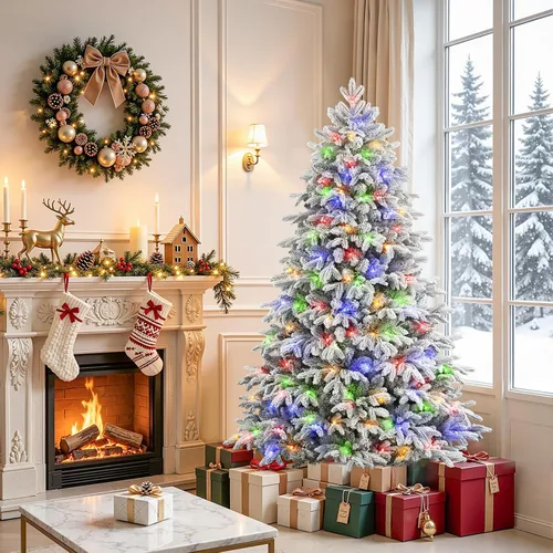 Vista 6 de SHareconn Árbol de Navidad de cedro flocado de 5 pies, 210 luces blancas cálidas y multicolor, diseño moderno de lujo con ramas nevadas flocadas