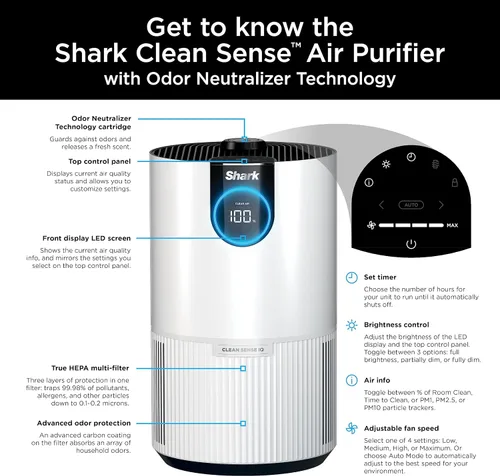 Vista 10 de Purificador de aire Shark HP132 Clean Sense con tecnología neutralizadora de olores, filtro HEPA, 500 pies cuadrados, habitación pequeña