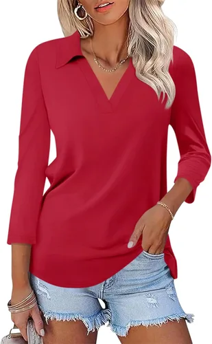 Vista 9 de TICTICMISS - Camisas polo de cuello en V para mujer, manga 3/4, con cuello, tops casuales de negocios, tops de verano a la moda, holgados