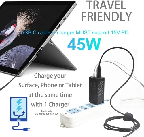 Vista 3 de MOCOST Microsoft Surface Connect a USB-C PD 15 V Cable de carga compatible con Microsoft Surface Pro Series, Surface Book Series, Surface Laptop