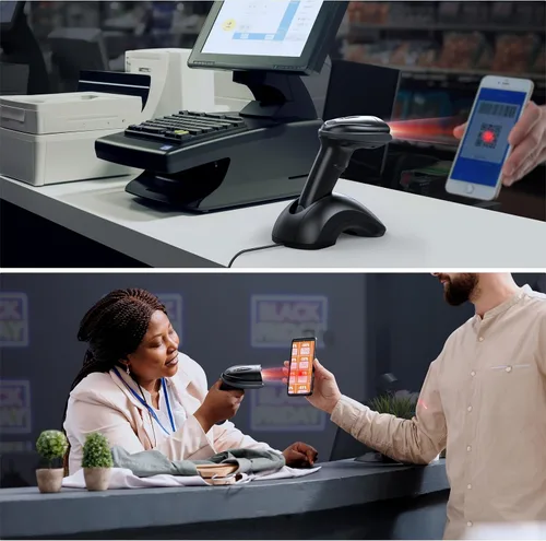 Vista 5 de TEEMI TMSL-55CR Bluetooth 1D/2D escáner de código de barras con base USB Intercambio de batería sin herramientas, BT 5.0, rango de 328 pies, iOS