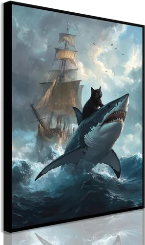 Vista 8 de Marco negro de dibujos animados lindo gato negro arte de pared retro gato negro contra tiburón, divertido póster con impresión de gato extravagante