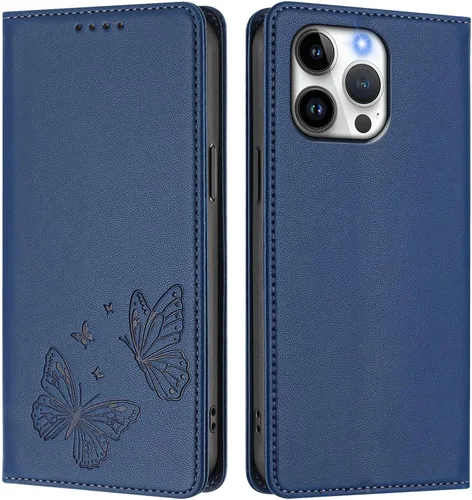 Vista 4 de Butterfly Embossed Leather Wallet Flip Case for Motorola Moto E22i 4G, Magnetic Closure, RFID Blocking Cover, Card Holder Blue.
