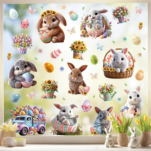 Vista 9 de WALPLUS Decoración de primavera para ventana de conejito de Pascua, decoración de primavera, de verano, reutilizable, para despegar y pegar