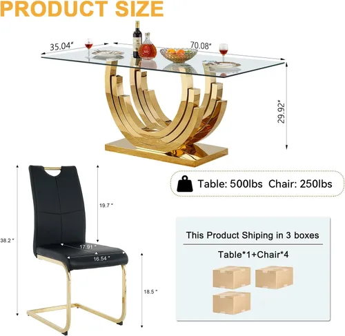 Vista 3 de Juego de mesa de comedor de cristal dorado moderno de 70 pulgadas para 4, juego de mesa rectangular de 5 piezas con base de acero en forma de anillo