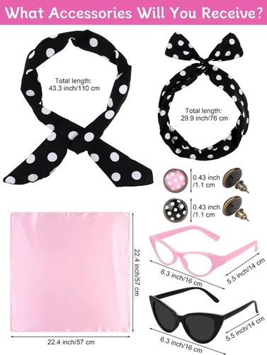 Vista 3 de AOTHSO Chaqueta de satén rosa de los años 50 con diadema, 2 bufandas, 2 aretes, 2 gafas para mujeres, disfraz de cosplay para adultos de Halloween