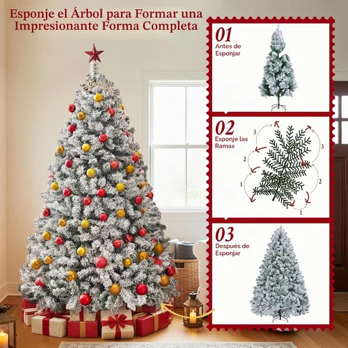 Vista 9 de Yaheetech - Árbol artificial de Navidad de 6 pies con flecos nevados preiluminado con 250 luces blancas cálidas, 820 puntas de ramas exuberantes