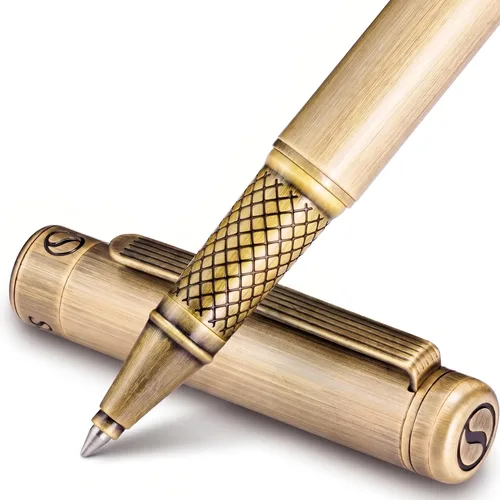 Vista 21 de Scriveiner Bolígrafo Rollerball de Laca Negra - Impresionante Bolígrafo de Lujo, Chapado en Oro Real, Repuesto de Tinta Schmidt, El Mejor Set de 1.