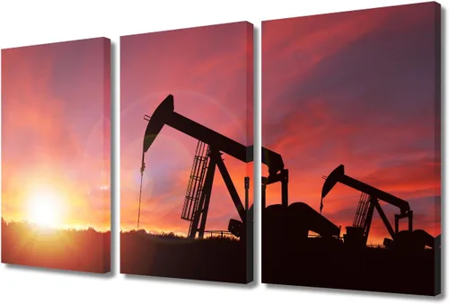 Vista 45 de TUMOVO Bombas de aceite en la puesta de sol para dormitorio, industria de petróleo y gas, pinturas de pared de 3 piezas de arte de pared de petróleo