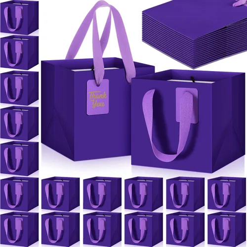 Vista 11 de Windyun 25 mini bolsas de regalo de papel con asa de 6 x 6 x 6 pulgadas, pequeñas bolsas cuadradas con etiqueta de agradecimiento para Navidad
