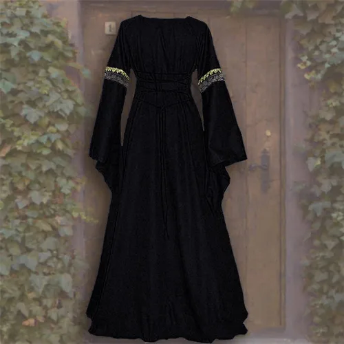 Vista 4 de Vestido medieval para mujer, vintage, manga acampanada, vestido renacentista, disfraz de bruja victoriana, Halloween, disfraz de lujo para adultos