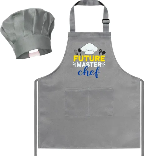 Vista 8 de R HORSE Juego de delantal y sombrero de chef para niños, 2 piezas, mini parrilla ajustable, delantal de cocina para niños, juego de rol, juguete