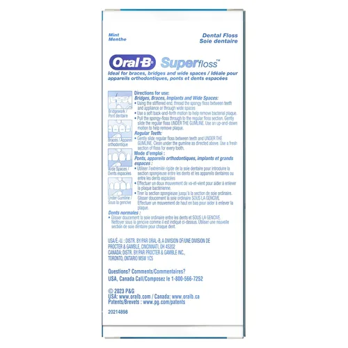 Vista 4 de Oral-B Hilo dental para brackets, Super Floss hebras precortadas, menta, 50 unidades, paquete de 2