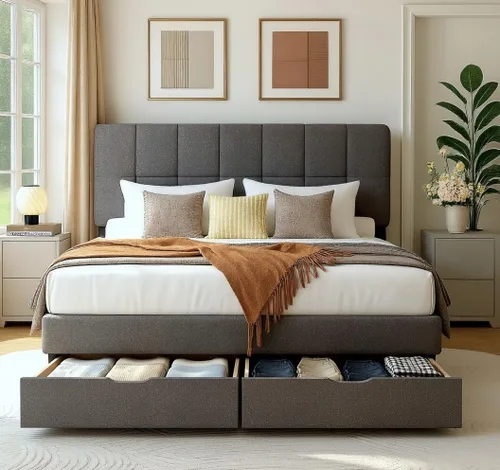 Vista 9 de Pipishell Base de cama tapizada de tamaño matrimonial con cabecera ajustable de 3 alturas, base de colchón totalmente tapizada, fuerte capacidad