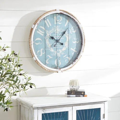 Vista 2 de Deco 79 Reloj de pared de metal con acento de cuerda, 25" x 2" x 25", azul
