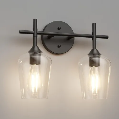 Vista 12 de Ralbay Juego de 2 apliques de pared negros mate para baño, pantalla de vidrio transparente, apliques negros para decoración del hogar, baño, cocina