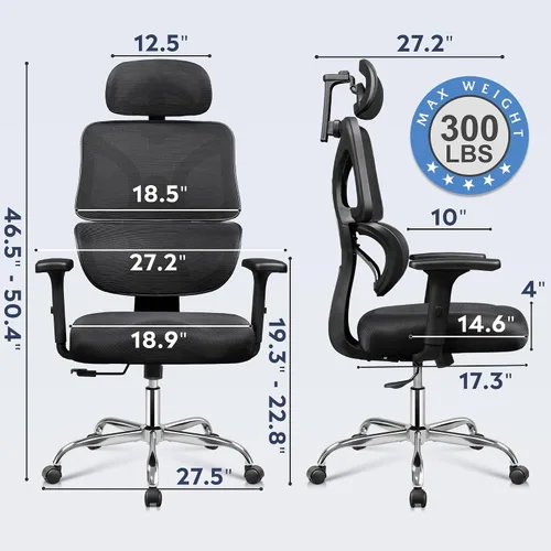 Vista 2 de DEVAISE Silla de oficina grande y alta, silla de escritorio ergonómica reclinable para largas horas, cómoda malla transpirable, reposabrazos Negro