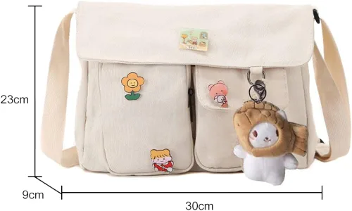 Vista 6 de JQWSVE Bolso cruzado de lona para mujer, bolso de mensajero kawaii, lindo bolso cruzado con alfileres Kawaii y colgante
