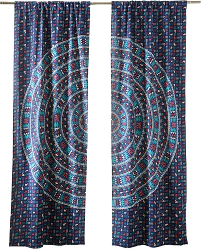 Vista 3 de Popular Handicrafts Cortinas hippie azul con mandala de camello de 100 pulgadas de largo para sala de estar o dormitorio, juego de 2 paneles